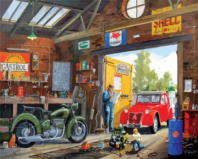 Garage de style ancien américain - Kits de peinture du monde par numéros™ à faire soi-même