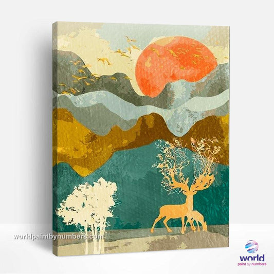 Arbre à cerfs dans un été orange - Collection Summer Layers - World Paint by Numbers™ Kits