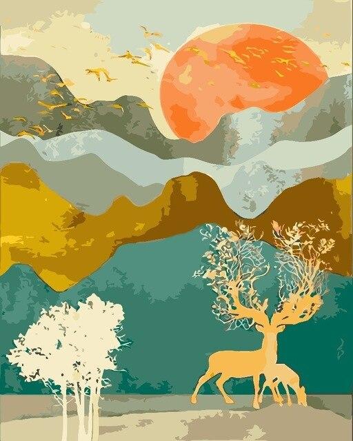 Arbre à cerfs dans un été orange - Collection Summer Layers - World Paint by Numbers™ Kits