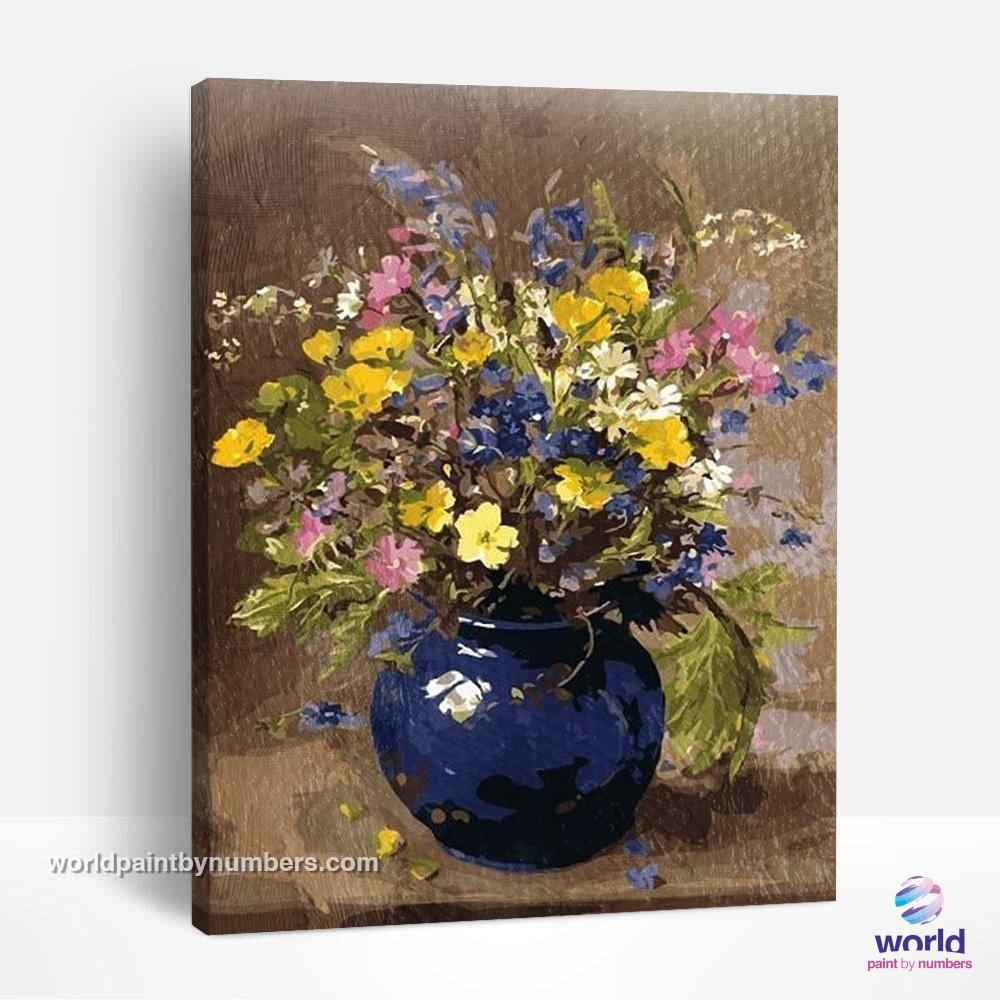 Fleurs des champs dans un vase violet - Kits de peinture du monde par numéros™ à faire soi-même