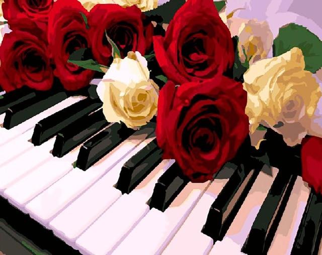 Roses sur le piano - Kits de peinture du monde par numéros™ à faire soi-même