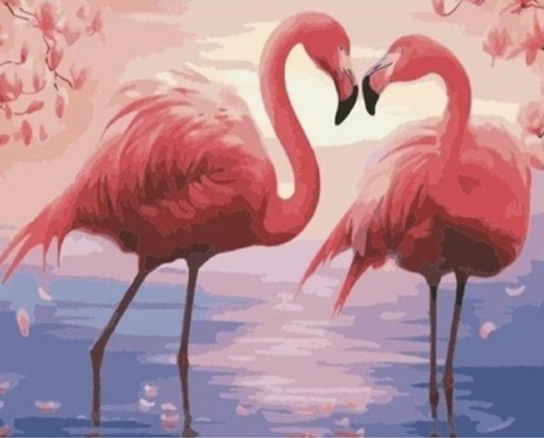 Couple de flamants roses au coucher du soleil - Kits de peinture du monde par numéros™ à faire soi-même