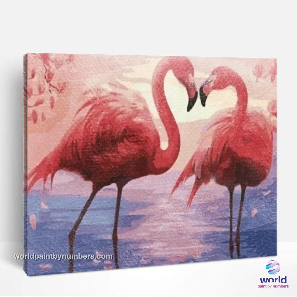 Couple de flamants roses au coucher du soleil - Kits de peinture du monde par numéros™ à faire soi-même