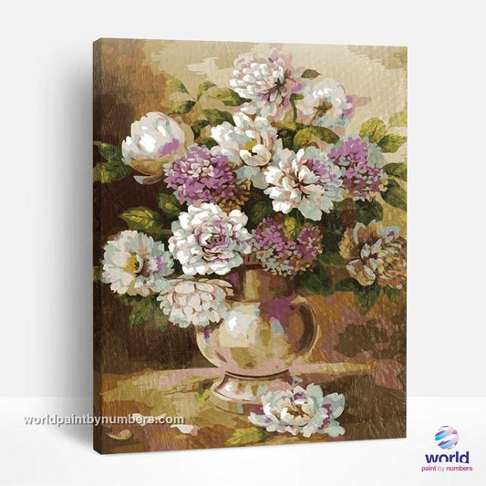 White and Lilac Peonies - World Paint by Numbers™ Kits DIYPivoines blanches et lilas - Kits de peinture du monde par numéros™ à faire soi-même