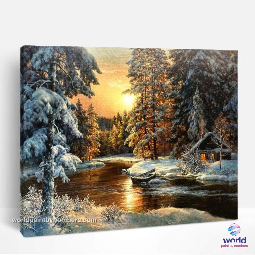 Forêt au coucher du soleil en hiver - Kits de peinture par numéros™ à faire soi-même